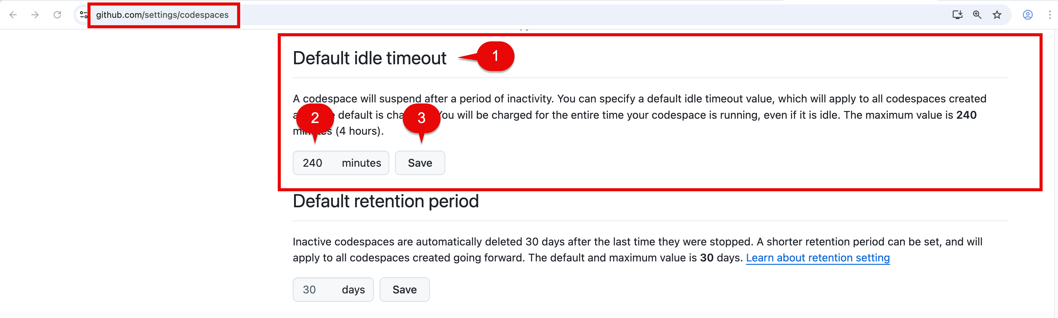 Codespaces Settings Default idle timeout