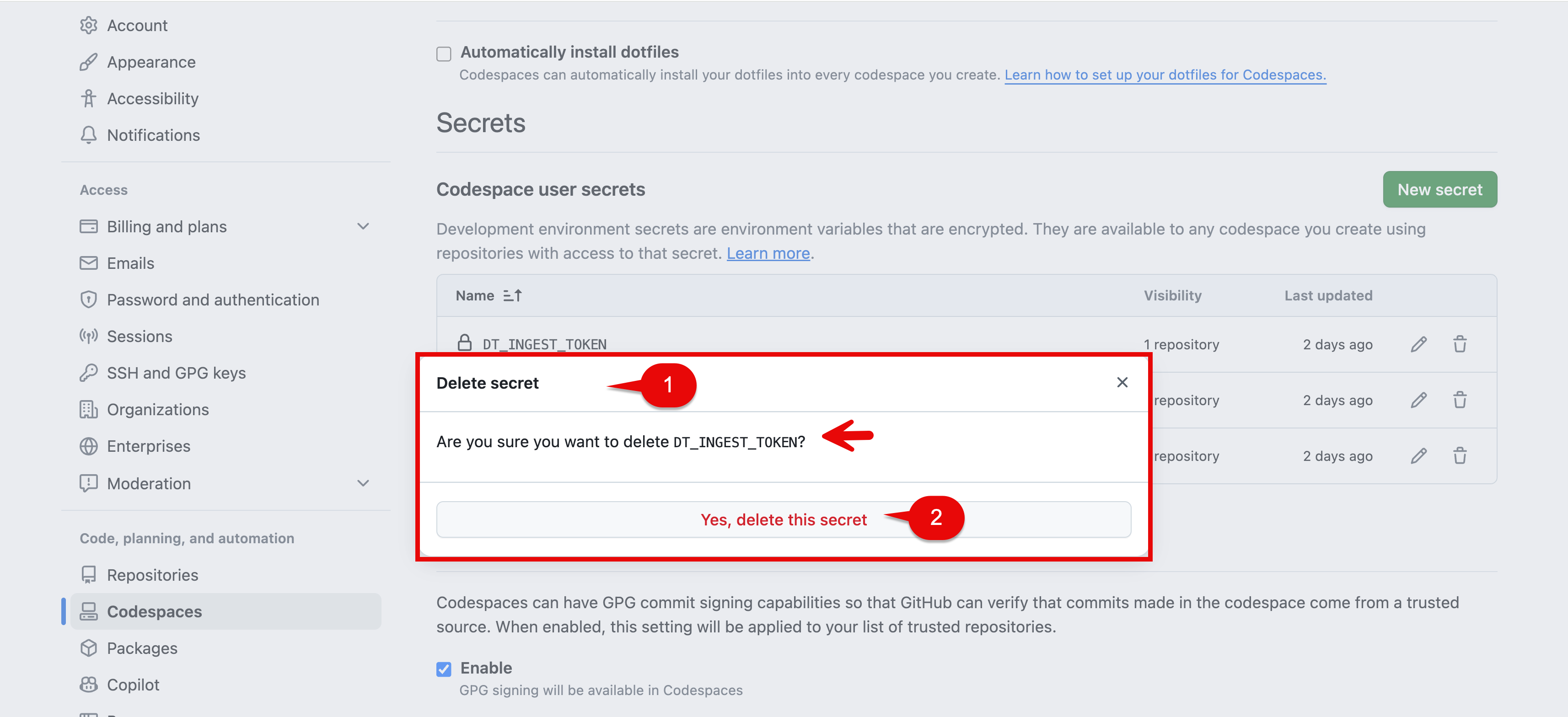 Codespaces Secrets Delete 2