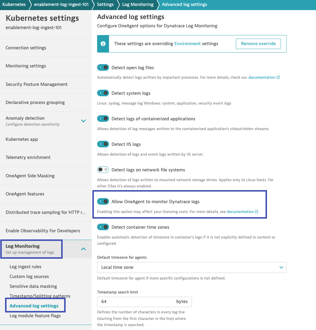 Allow Dynatrace Logs
