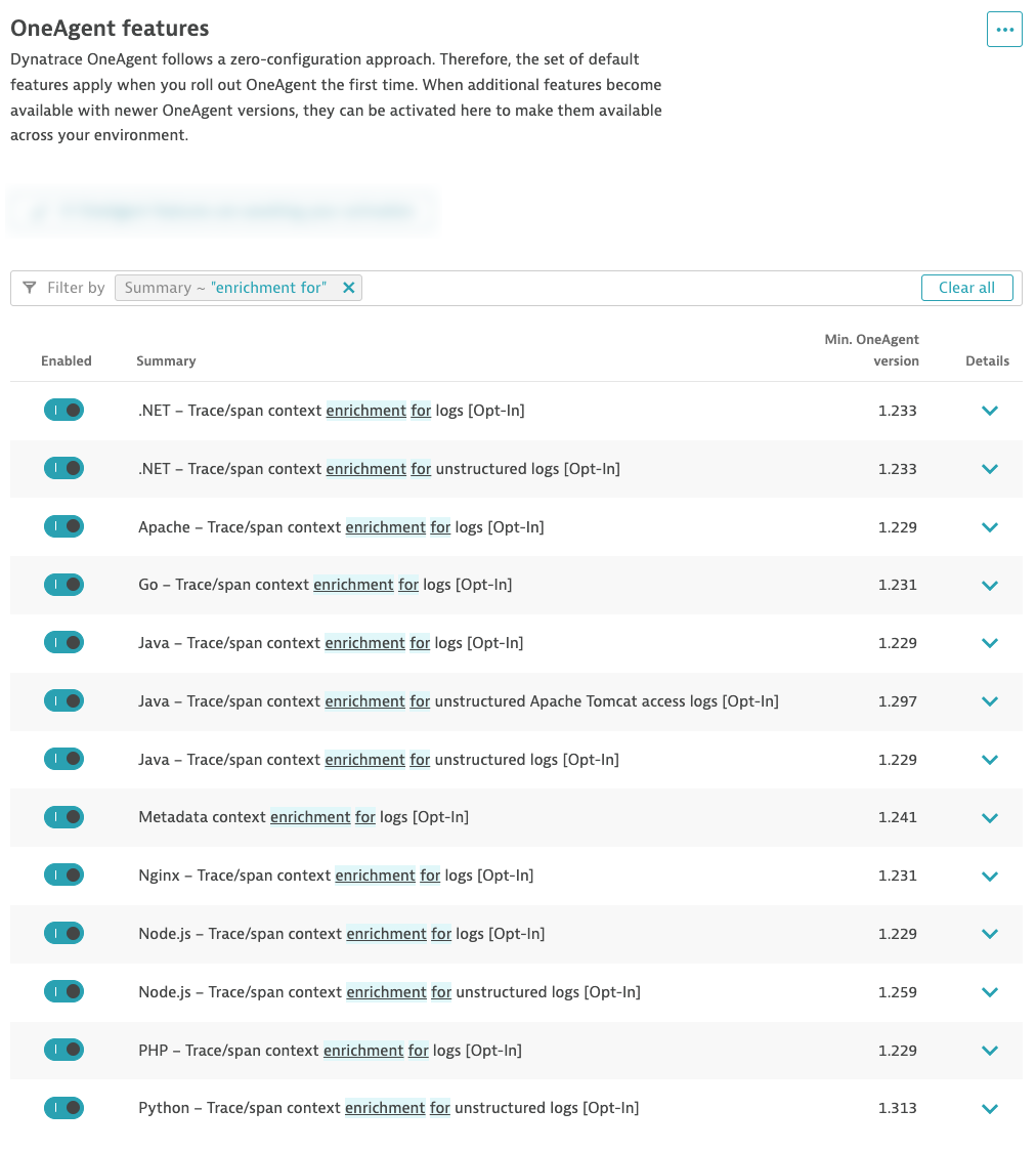 Log Enrichment OneAgent Features