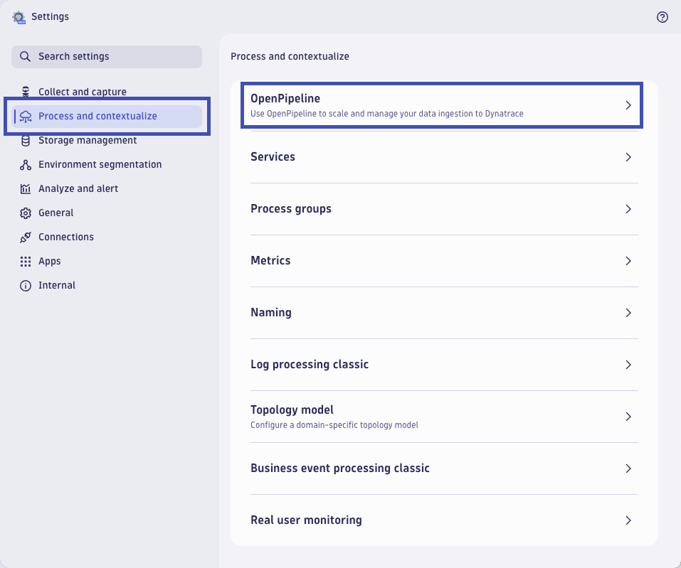 Settings App OpenPipeline