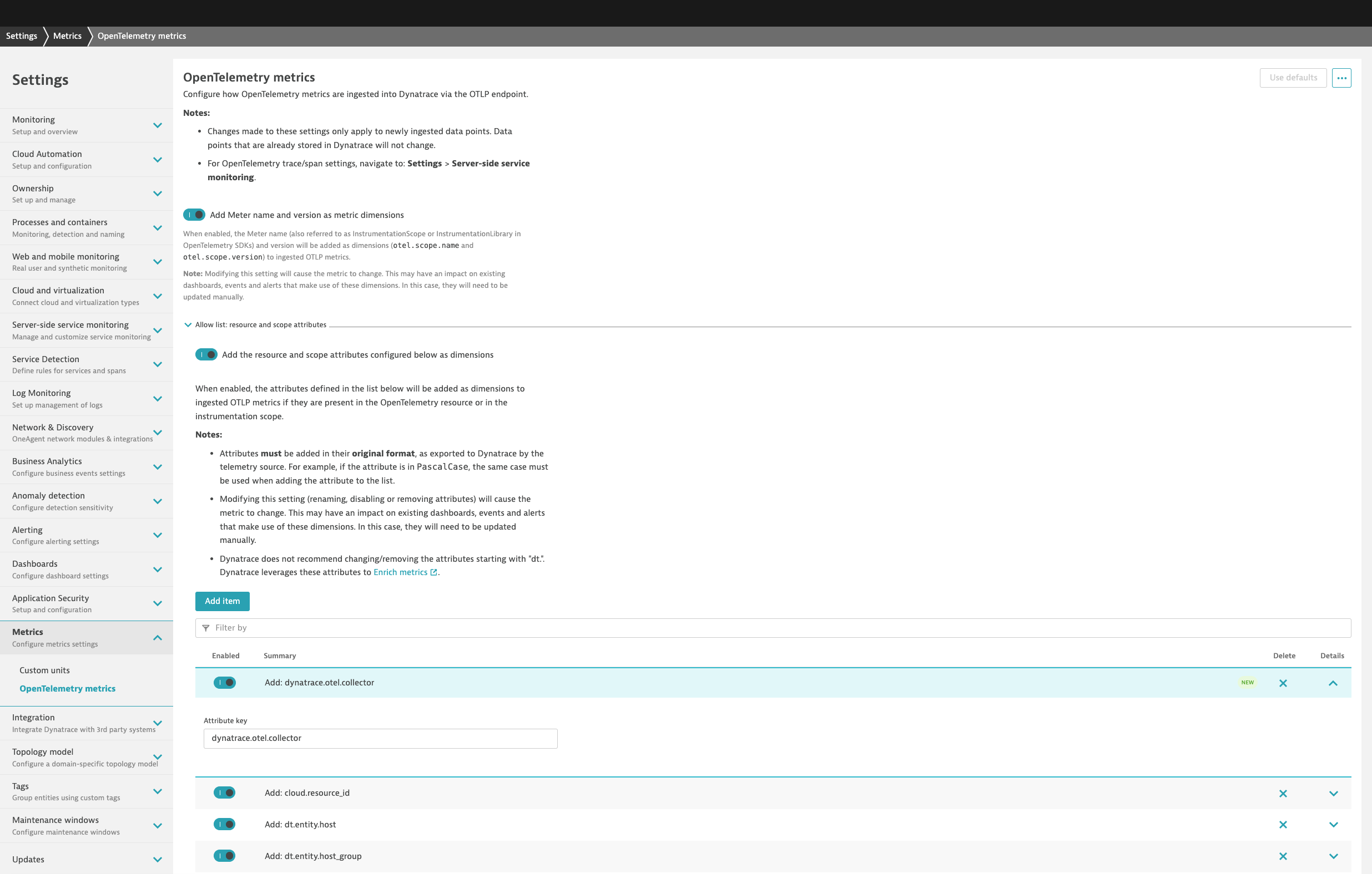 dt otel metrics add collector attribute