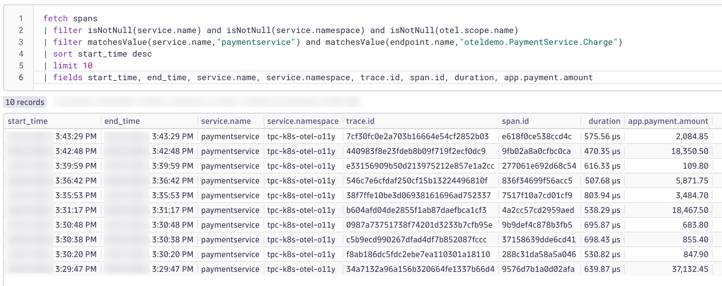 PaymentService Traces and Spans